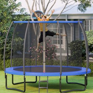 305cm Buiten Trampoline met Basketbalring Omheining Net Veiligheidsmat 2-stap Ladder Basketbal Ballenpomp Blauw + Zwart