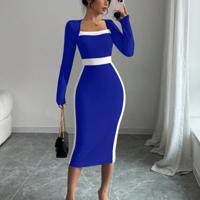 Bon&Bon Navy Blue Colorblock Bodycon Maxi Dress | Square Neck Long Sleeve Royal Blue / XL