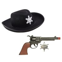 Cowboys speelgoed/verkleed hoed zwart met revolver set kinderen 3-delig - thumbnail