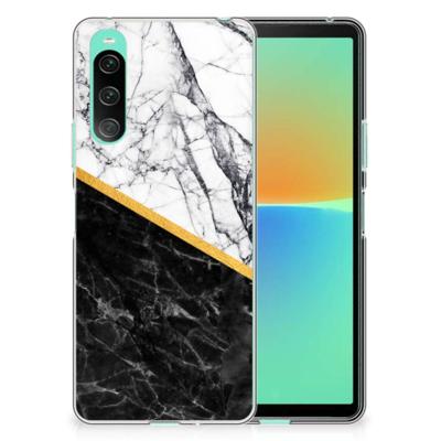 Sony Xperia 10 V | TPU | Siliconen hoesje | Marmer Wit Zwart - Origineel Cadeau Man