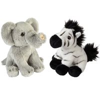 Safari dieren serie pluche knuffels 2x stuks - Olifant en Zebra van 15 cm - thumbnail