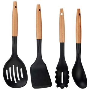 Kook/keuken gerei - set van 4x stuks - zwart/bruin - kunststof/hout - kook accessoires