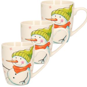 3x stuks kerstmok/wintermok sneeuwpop met groene muts en oranje sjaal van poreselein 10 cm