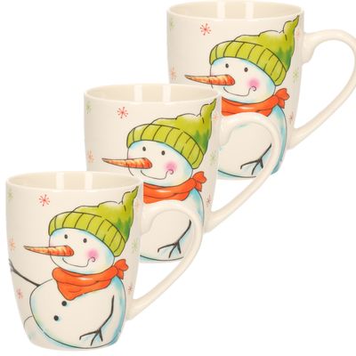 3x stuks kerstmok/wintermok sneeuwpop met groene muts en oranje sjaal van poreselein 10 cm 3x stuks kerstmok/wintermok sneeuwpop met groene muts en oranje sjaal van poreselein 10 cm