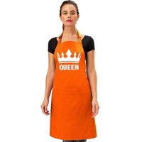 Oranje Queen keukenschort/ bbq schort met kroon dames - thumbnail