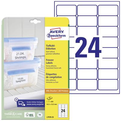 Avery-Zweckform L7970-25 Diepvriesetiketten 63.5 x 33.9 mm Papier Wit 600 stuk(s) Permanent hechtend Inkjet, Laser (zwart/wit), Laser (kleur), Kopiëren