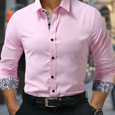 Bon&Bon Men's Floral Patchwork Long Sleeve Shirt | White Casual Work Pink / XXL
