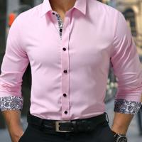 Bon&Bon Men's Floral Patchwork Long Sleeve Shirt | White Casual Work Pink / XXL