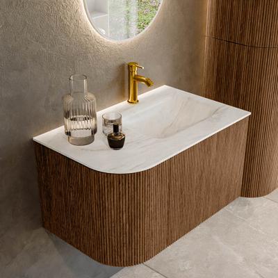 Mondiaz KURVE-DLUX 75 cm Onderkast Greeploos 1 Lade Met Deuren Walnut, Wastafel Solid Surface Rechts Ostra 1 Kraangat Zonder Spiegel (KRVGRU75L1L1D1KR-Wal/Ost)