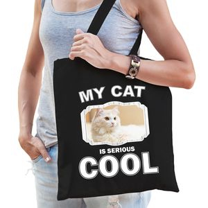 Witte kat katten tasje zwart volwassenen en kinderen - my cat serious is cool kado boodschappentasje