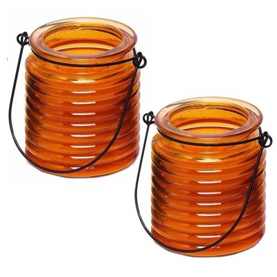 Citronellakaars - 2x - in oranje geribbeld glas - 8 cm - insecten verjagen - buitenkaars