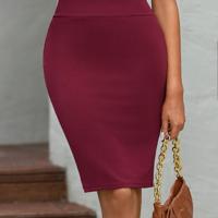 Bon&Bon EMERY ROSE Black High Waist Bodycon Pencil Skirt - Knee Length Burgundy / M