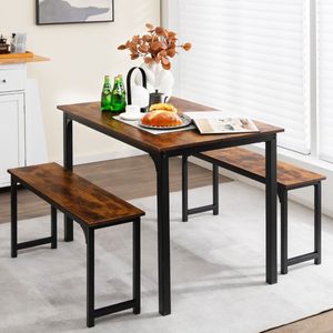 Eettafel met 2 Banken Keukentafel voor 2-4 Personen met Roestvrij Metalen Frame 3-Delige Set voor Keuken/Woonkamer/Eetkamer