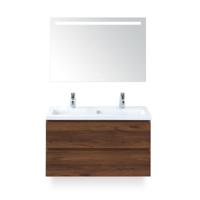 Vogue Badmeubelset 100 cm - Greeplijst in kleur - Walnoot - Keramische Wastafel Wit 2 kraangaten - met Sence Spiegel