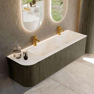 Badmeubel Mondiaz Kurve-Dlux | 155 cm cm | Meubelkleur Shadow | Wastafelkleur Ostra | Solid surface | Dubbel / Rechts spoelbak | 2 kraangaten