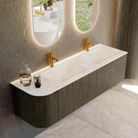 Badmeubel Mondiaz Kurve-Dlux | 155 cm cm | Meubelkleur Shadow | Wastafelkleur Ostra | Solid surface | Dubbel / Rechts spoelbak | 2 kraangaten