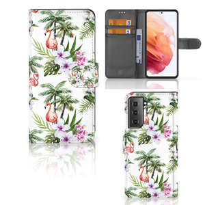 Samsung Galaxy S21 Telefoonhoesje met Pasjes Flamingo Palms