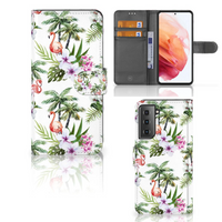 Samsung Galaxy S21 Telefoonhoesje met Pasjes Flamingo Palms - thumbnail