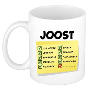 Naam mok Joost - wit - top gozer - keramiek - 300 ml - cadeau collega beker