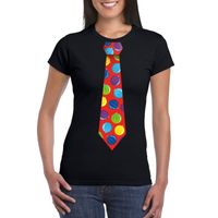 Kerst t-shirt stropdas met kerstballen print zwart voor dames - thumbnail