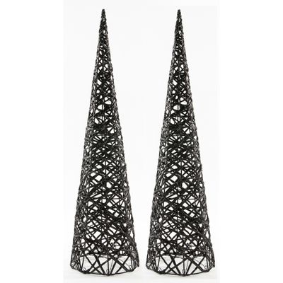 LED verlichte kerstboom kegels - 2x st - zwart - kunststof - H60 cm - glitter