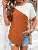 Casual Crew Neck Color Block Cotton Shirt