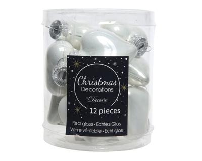 12 Glazen hartjes 40 mm winter wit - Decoris