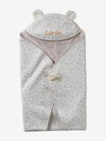 Plaid met capuchon voor baby van molton, gevoerd met pluche beige, bedrukt