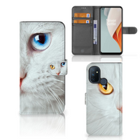 OnePlus Nord N100 Telefoonhoesje met Pasjes Witte Kat - thumbnail