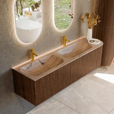 Badmeubel Mondiaz Kurve-Dlux | 165 cm | Meubelkleur Walnut | Wastafelkleur Arena | Solid surface | Dubbel / Links spoelbak | 2 kraangaten