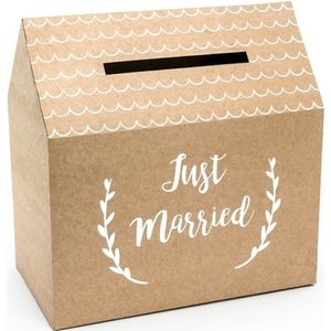 Bruine bruiloft enveloppendoos met witte tekst 30 cm huisje van karton   -