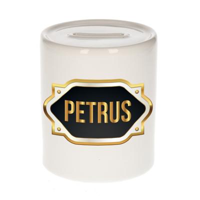 Spaarpot met voornaam Petrus - wit - goud/zwart embleem - 8 x 9 cm - keramiek - afsluitdop
