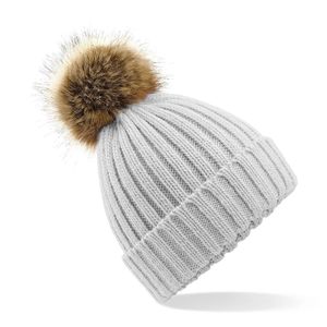 Gebreide winter muts lichtgrijs met nep bont pompon voor dames/h   -