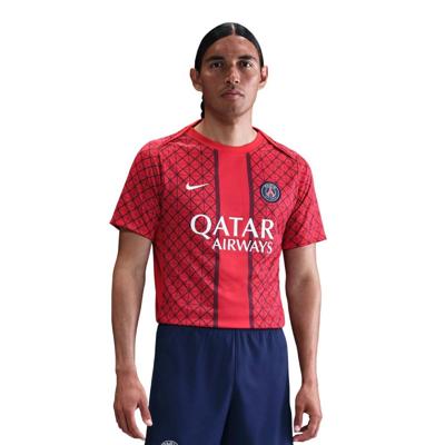 Nike Paris Saint-Germain Pre-Match Trainingsshirt 2025-2026 Rood Zwart Wit Nike Paris Saint-Germain Pre-Match Trainingsshirt 2025-2026 Rood Zwart Wit