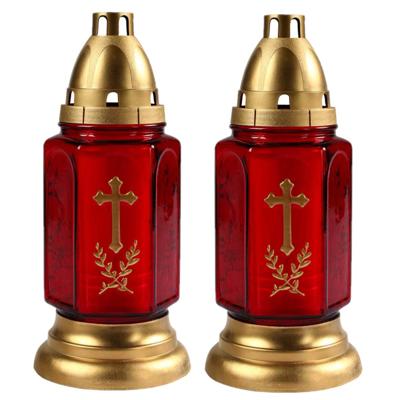 Grafkaars/gedenklicht met deksel - Set van 2x stuks - rood/goud - 11 x 24 cm - 3 dagen brandtijd - G