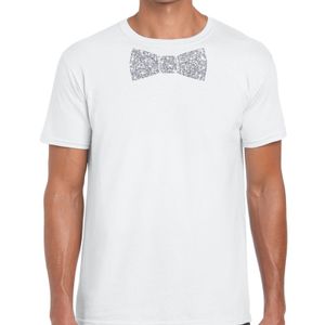Wit fun t-shirt met vlinderdas in glitter zilver heren