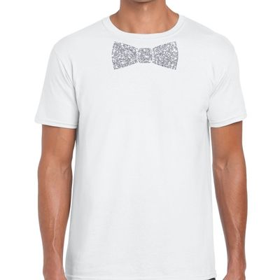 Wit fun t-shirt met vlinderdas in glitter zilver heren