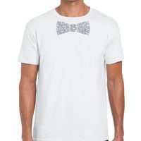Wit fun t-shirt met vlinderdas in glitter zilver heren