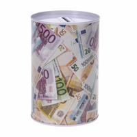 Spaarpot euro biljetten - 10 x 15 cm - metaal/blik met geld opdruk Spaarpot euro biljetten - 10 x 15 cm - metaal/blik met geld opdruk