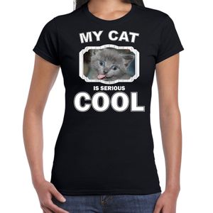 Grijze kat katten / poezen t-shirt my cat is serious cool zwart voor dames