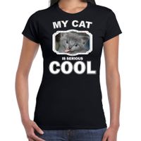 Grijze kat katten / poezen t-shirt my cat is serious cool zwart voor dames - thumbnail