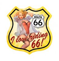 Route 66 I Love Riding 66 Pin-Up Zwaar Metalen Bord 37,5 x 39 cm - thumbnail