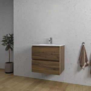 Adema Chaci Badkamermeubelset - 60x46x57cm - 1 ovale keramische wasbak wit - 1 kraangat - 2 lades - noten (hout) SW1212758/SW718716