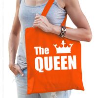 Katoenen tas / shopper oranje the queen met witte kroon dames - thumbnail