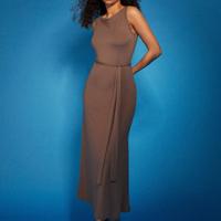 Bon&Bon Khaki Sleeveless Maxi Jersey Dress with Belt - Elegant A-Line XS