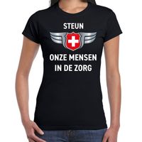 Steun onze mensen in de zorg schild t-shirt zwart voor dames