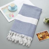 Gestreepte katoenen badhanddoek met kwastjes dunne reizen camping Bad sauna strand Gym zwembad deken absorberend Easy Care (blauw)
