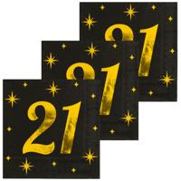 Verjaardag feest servetten - leeftijd 21 jaar - 48x stuks - zwart/goud - sterren - 33 x 33 cm