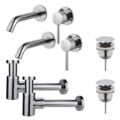 Fortifura Calvi Slim Wastafelkraanset - voor dubbele wastafel - inbouw wastafelkraan - klikwaste plug - verlaagde design sifon - Chroom 2x SW377814/2x SW696203/2x SW696219