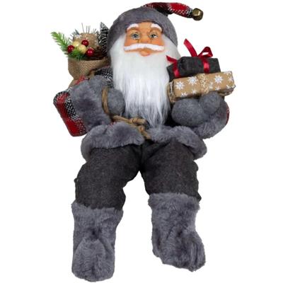 Kerstman pop Joris - H45 cm - grijs - zittend - kerstman beeld - decoratie figuur